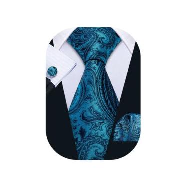Imagem de Gravata Barry.Wang Paisley, conjunto de seda azul-petróleo com abotoad