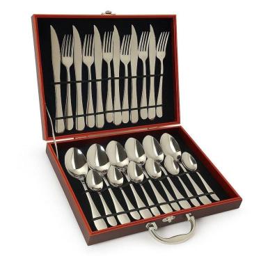 Imagem de Faqueiro 24 Peças com Maleta Talheres em Inox Estrutura Aço Inox Espelhado Marrom