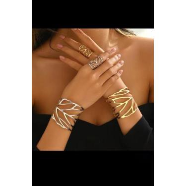Imagem de Conjunto Bracelete e Anel Luxo Folhas Banhado a Ouro 18K  Design Moder
