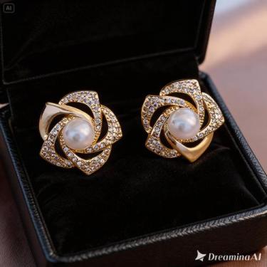 Imagem de Brincos Femininos Semijoia Folheado Ouro 18k Flor CPérola e Pedras de 