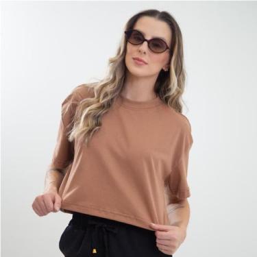 Imagem de Camiseta Cropped Oversized - Estampa Lisa - Ju Ribeiro Ind, Marrom cho