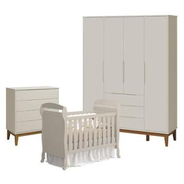 Imagem de Quarto de Bebê 4 Portas com Cômoda Gaveteiro Elfe Classic e Berço Amer