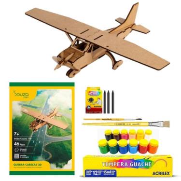 Imagem de Quebra-cabeça Avião Cessna 170 + 12 tinta Guache E Giz Marcação - Souz
