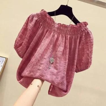 Imagem de Blusa Casual Feminina Rosa Vermelha Com Manga Bufante Em Chiffon, Cami