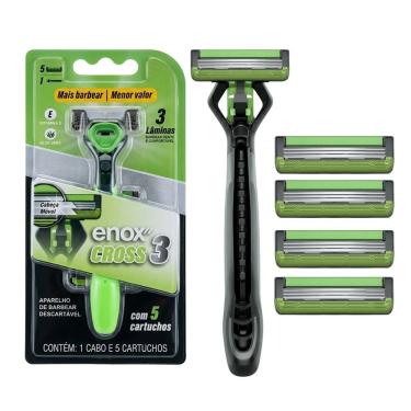 Imagem de Aparelho de Barbear Cross com 3 Lâminas Cabo e 5 Cartuchos Refil Verde com Fita Lubrificante Enox Belliz
