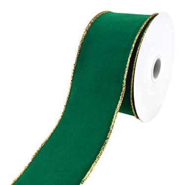 Imagem de Homeford Fita com fio de borda dourada de veludo natalino para uso ao ar livre, 6,35 cm, 9,5 m - verde feriado