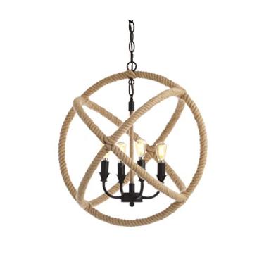 Imagem de JONATHAN Y JYL9041A Soka 4-Light 50,8 cm ajustável globo de metal/corda LED lustre, casa de campo, industrial, rústico, transitório para cozinha, sala de estar, preto/marrom