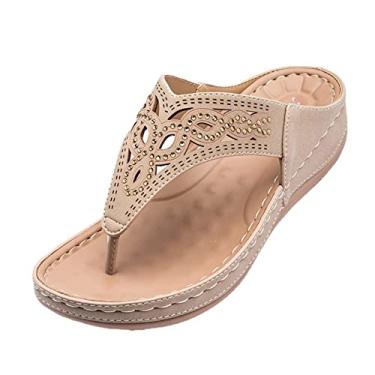Imagem de Sandália feminina chinelo feminino com suporte de arco para almofada de verão casual strass sandália plataforma sapatos slip on plataforma, damasco, 41