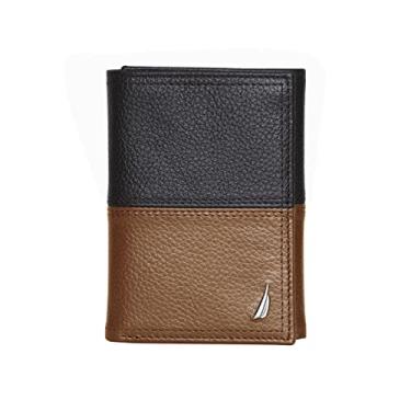 Imagem de Nautica Carteira masculina clássica de couro com três dobras RFID (disponível em grãos lisos ou seixos), Dois tons - preto/conhaque, One Size US