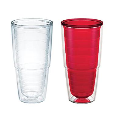 Imagem de Tervis Copo de mesa transparente e colorido feito nos EUA copo de viagem com isolamento de parede dupla mantém as bebidas frias e quentes, 680 g - pacote com 2, transparente e vermelho