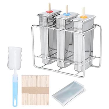 Imagem de 3 pe?as molde de picol¨¦ de a?o inoxid¨¢vel, fabricante de picol¨¦ DIY com suporte de a?o inoxid¨¢vel, 55 palitos, 10 sacos de armazenamento, kit de escova de limpeza(Flat Ice Cream Mold), Formas de