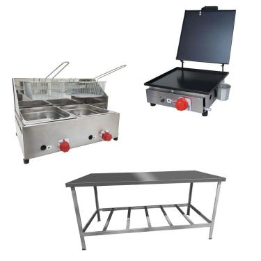 Imagem de Kit Lanchonete Mesa de Manipulação 190x70cm + Fritadeira a Gás 2 Cuba + Chapa a Gás 30cm Alcamar