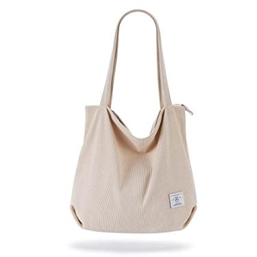 Imagem de KALIDI Bolsa feminina de veludo cotelê com zíper casual bolsa de ombro grande capacidade com bolsos, Branco creme, 18.2*3.95*15.75inch