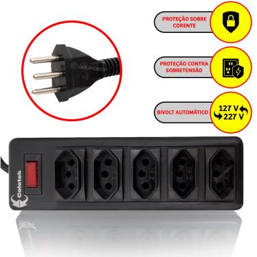 Imagem de Filtro De Linha Elétrica 5 Tomadas Bivolt Extensão Cabo 1m 