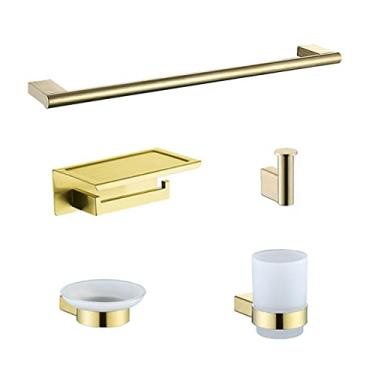 Imagem de Suporte de plataforma de telefone de papel dourado escovado porta-toalhas prateleira saboneteira copo de escova de dentes suporte de escova de banheiro acessórios de banheiro, conjunto de 5 peças A