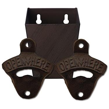 Imagem de Abridor de garrafas de cerveja de ferro fundido rústico montado na parede com apanhador de tampa pacote estreito (marrom)