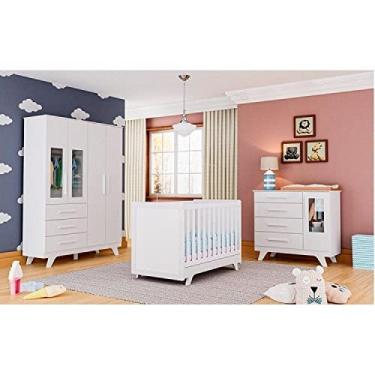 Imagem de Quarto de Bebê Completo Berço Retrô Cômoda Guarda Roupa com Janela Móveis Peroba Branco Brilho