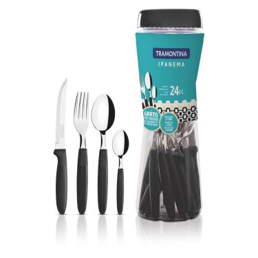 Imagem de Faqueiro Tramontina Ipanema com Lâminas em Aço Inox e Cabos de Polipropileno Preto com Pote Plástico Tramontina