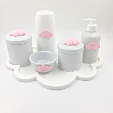 Imagem de Kit Higiene Bebê Porcelana Tema Nuvem Rosa Bandeja Mdf Garrafa 6Pçs -