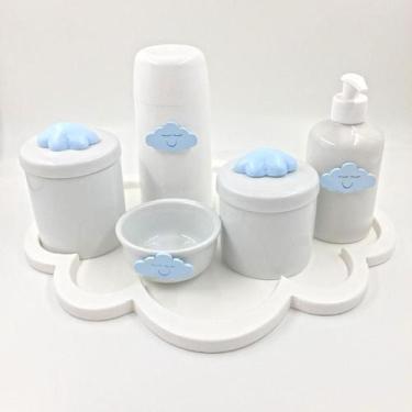 Imagem de Kit Higiene Bebê Porcelana Tema Nuvem Azul Bandeja Mdf Garrafa 6Pçs -