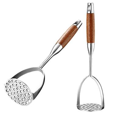 Imagem de UPTALY 2 espremedores de batata em aço inoxidável com cabo de madeira Ross (35 cm x 8,5 cm), espremedor de alho para engrossar, espremedor de abacate grande para espremer cenoura, banana, feijão, abóbora, frutas