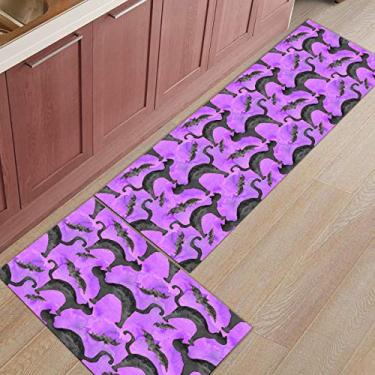 Imagem de Tapete de corredor de cozinha, Halloween aquarela preto gato morcego roxo antiderrapante tapete de porta tapete tapete tapete para lavanderia cabeceira banheiro quarto conjunto de 2