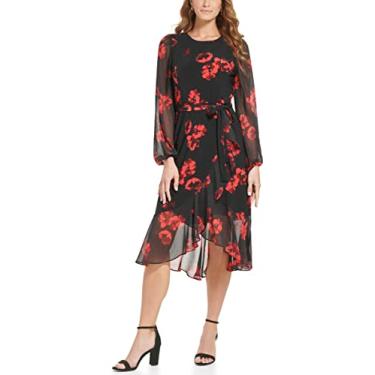 Imagem de Tommy Hilfiger Vestido trapézio feminino de manga comprida, Preto/Escarlate, 40