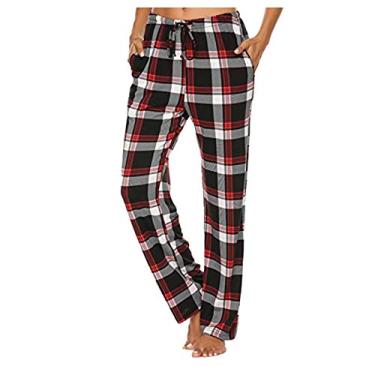 Imagem de Calça de pijama xadrez feminina de flanela com cordão cintura elástica calças lounge de inverno de perna larga, W1 - preto, P