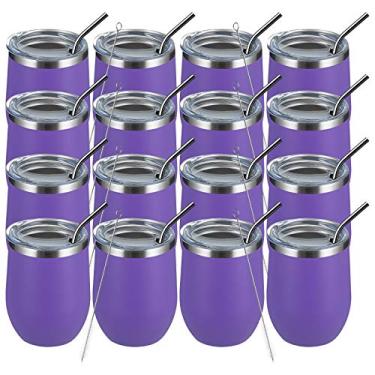 Imagem de MEWAY Copo de vinho de 340 g, pacote com 16, presentes a granel para mulheres, caneca de viagem de aço inoxidável a vácuo de parede dupla com tampa, copo de vinho isolado sem haste para café,