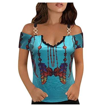 Imagem de Blusas femininas com ombro de fora para sair, plus size, manga curta, Y2K, blusas de algodão, camisetas de ombro vazado, túnica de formatura, Azul, XXG