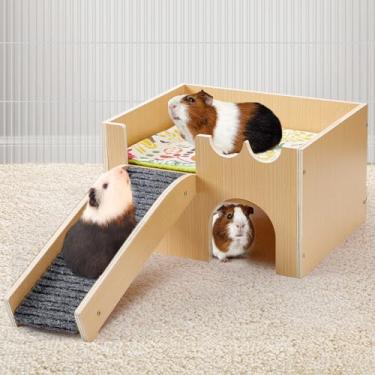Imagem de Castelo de porquinho-da-índia atualizado, esconderijo de madeira resistente para porquinhos-da-índia, cabana de cama de animais pequenos com escadas, fácil de montar para hamsters, coelhinhos,