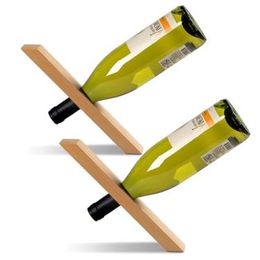 Imagem de Somonka-L Suporte de garrafa de vinho com 2 peças, suporte de garrafa de vinho único personalizado para exibição de mesa, rack de vinho de bambu autobalanceado, organizador para mesa de jantar