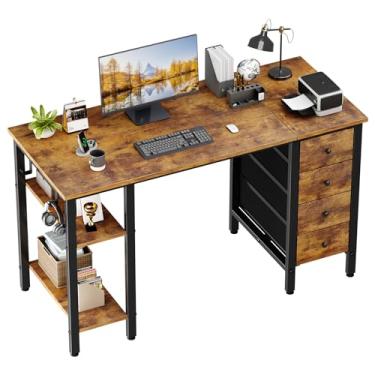 Imagem de Lufeiya Mesa de 119 cm com 4 gavetas e prateleiras de armazenamento, mesa de computador para escritório em casa, quarto, mesa moderna e simples para computador, marrom rústico