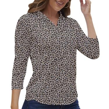 Imagem de Camisa polo feminina manga 3/4 golfe secagem rápida camisetas FPS 50+ atléticas casuais de trabalho tops para mulheres, Manga 3/4 - flores de leopardo bege, GG