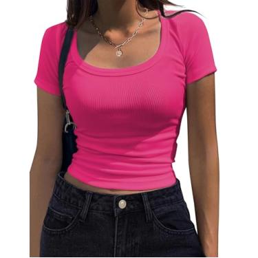 Imagem de Zeagoo Camisetas femininas justas, manga curta, gola quadrada, leve, malha canelada para negócios, escritório, trabalho, bege