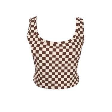 Imagem de WSPLYSPJY Camiseta regata feminina plus size preta e branca com estampa xadrez, Xadrez marrom café, 5G
