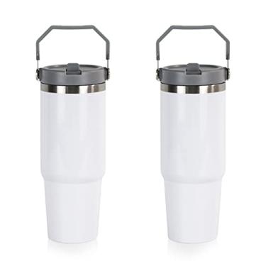 Imagem de MAIKESUB 2 pçs novo cabo branco 32 onças sublimação dupla parede copos isolados a vácuo com tampas de aço inoxidável canecas de café brancas para veículos, porta-copos de viagem, copos de carro com tampa canecas