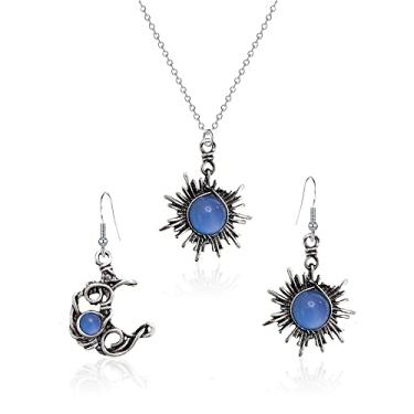 Imagem de Anmpab Boho Opala Sol e Lua Pingentes Brincos Conjunto de Colar Pedra da Lua Pedra Natural Gancho Boêmio para Mulheres Joias Celestiais de Prata Antiga Assimétrica, Aço inoxidável, Sem Pedra Preciosa