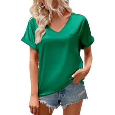 Imagem de Blusa feminina de verão cor sólida cetim gola V bolso manga curta solta casual blusa feminina casual manga longa, Verde, G