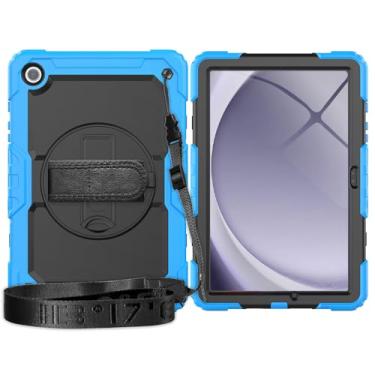 Imagem de Capa de TPU à prova de choque para Samsung Galaxy Tab A9 Plus 2023 SM-X210/SM-216/SM-X218 11 polegadas, capa protetora resistente com protetor de tela + alça de ombro + suporte giratório (azul claro)
