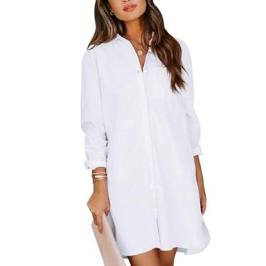 Imagem de YKR Vestido feminino com botões, túnica de algodão, manga comprida, estilo boyfriend, camisas com bolsos, Branco, M