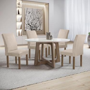 Imagem de Conjunto Mesa Arizona 120cm com 4 Cadeiras Canela Tampo Redondo Plus com Vidro Chocolate/Off White/Bege