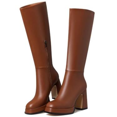 Imagem de EQAUDES Botas de plataforma para mulheres, botas de cano curto para mulheres, botas de motoqueiro de salto alto grosso gótico com bico quadrado, 1 Marrom, 7.5