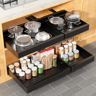 Imagem de KLKE Organizador de armário removível, largura expansível (29,7 cm - 50 cm) Gavetas deslizantes resistentes fixas com nano filme adesivo para panelas, prateleira de armazenamento para cozinha,