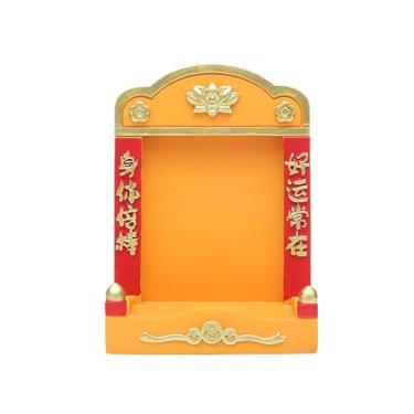 Imagem de UxicRuya Pequeno Nicho Budista Pequeno Santuário Estilo Chinês Decoração de Mesa de Resina para Estantes de Livros Sala de Estar, Amarelo, Tamanho real