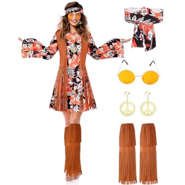 Imagem de SATINIOR Conjunto de roupas femininas hippie dos anos 60 anos 70 para discoteca com franjas de Halloween para mulheres, meninas e adultos, Estilo retrô, M