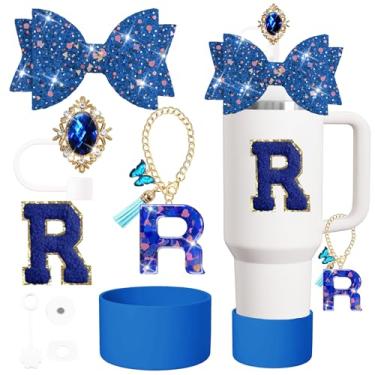 Imagem de XIANGYUAN Conjunto de acessórios para copos Stanley de 8 peças, incluindo tampa e bota de cobertura de canudo de silicone, tampa à prova de derramamento, pingente de alça, adesivo Lette (azul escuro