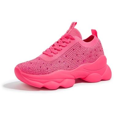 Imagem de LUCKY STEP Tênis feminino de strass grosso, brilhante, de malha deslumbrante, sem cadarço, elástico, com glitter, rave, Strass rosa, 38