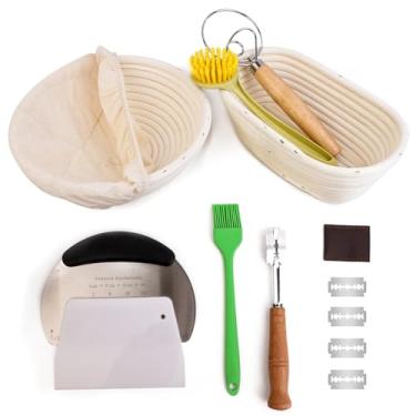 Imagem de Cesta redonda oval com 2 peças banneton à prova de pão, kit iniciante, utensílios de cozimento, tigelas para massa fermentada, capas de tigela para impermeabilização de pão