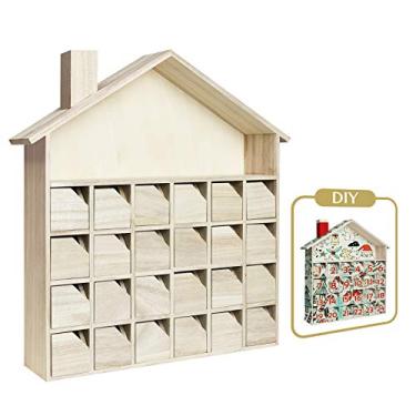Imagem de Sunlit Christmas Wooden Advent Calendar with Drawers, Unfinished Wooden, House Shaped Countdown Calendar Ready to Decorate and Personalize | Craft Storage Box | DIY Guru and Crafters